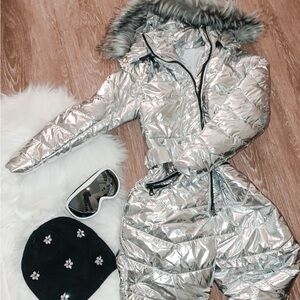 Silver Metallic Snowsuit with Fur Hood